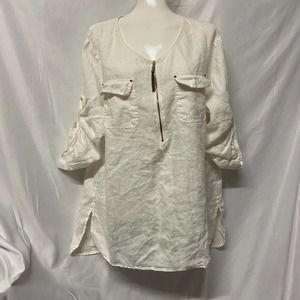 Company Ellen Tracy Blouse Size L 100% Linen Boho Hi Lo